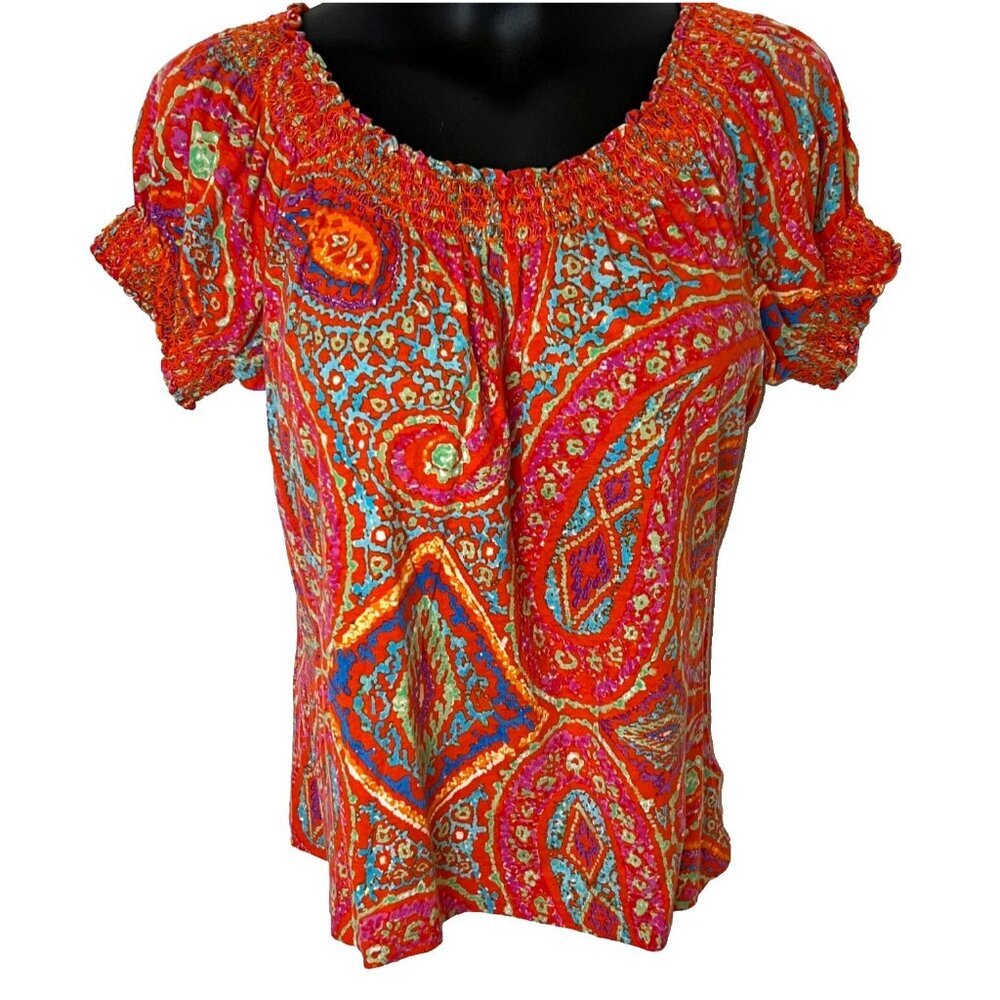 LRL Ralph Lauren Women's PL Blouse Orange Blue IKAT Print Peasant Top Short Slv